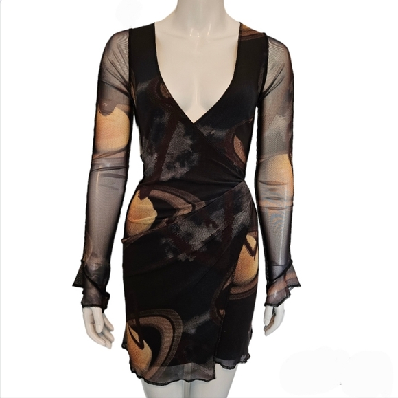 Urban Outfitters Sheer Wrap-Around Mini Dress - Size XS - Black Abstract Pattern - Picture 7 of 7